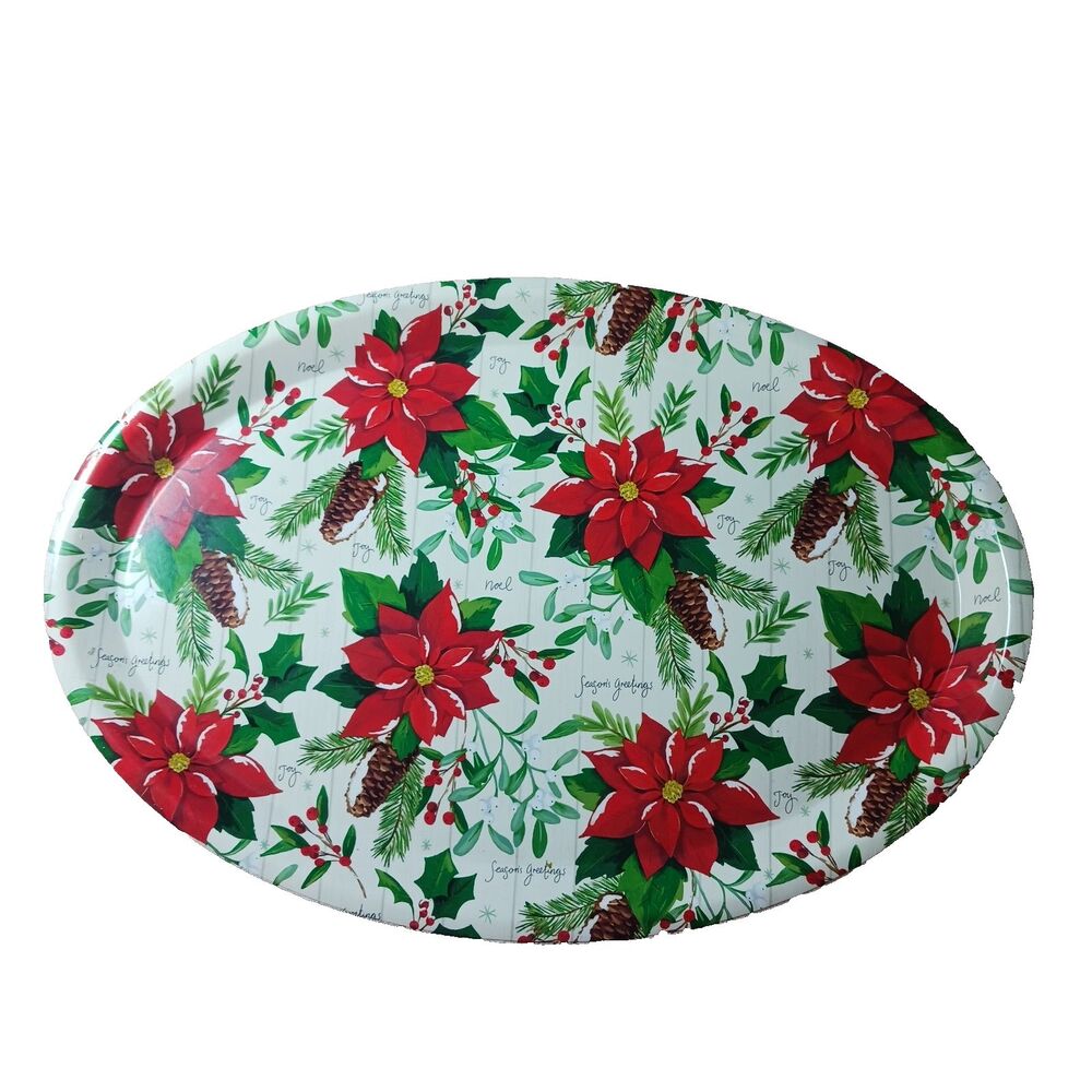 Seasons Greetings Poinsettia Large Oval Plastic Platter Christmas Holiday Used
